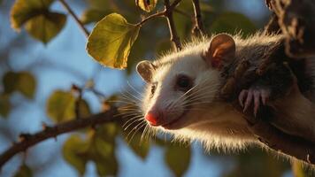 A close-up of a possum perched on a branch with leaves in the background. photo