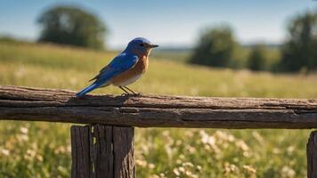 A bluebird perched on a rustic fence in a sunny, grassy landscape. photo