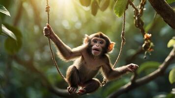 A playful monkey swings on a branch in a lush, green environment. photo