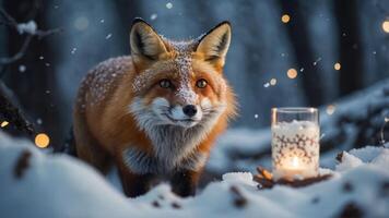 A fox stands in a snowy forest, next to a glowing candle, creating a serene winter scene. photo