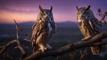 Two owls perched on a branch during twilight, showcasing their majestic features. photo