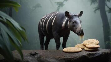 A tapir stands near cookies in a misty forest setting. photo