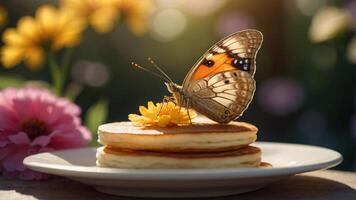 A butterfly perched on a flower atop a stack of pancakes, creating a serene breakfast scene. photo