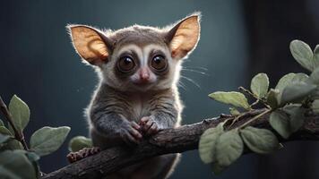 A close-up of a small primate perched on a branch surrounded by leaves. photo