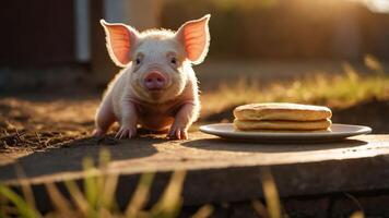 A piglet curiously approaches a plate of pancakes in a sunlit outdoor setting. photo