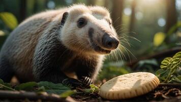 A close-up of a small animal near a cookie in a forest setting. photo