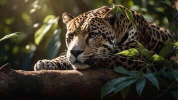 A jaguar rests on a branch surrounded by lush green foliage. photo