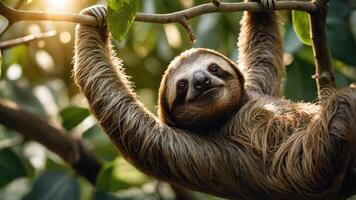 A sloth hanging from a branch amidst lush green foliage, showcasing its relaxed demeanor. photo
