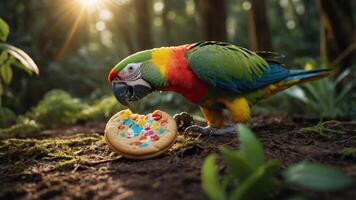 A colorful parrot interacts with a cookie in a lush forest setting. photo