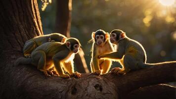 A group of monkeys interacting on a tree branch during sunset. photo