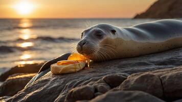 A seal rests on a rock at sunset, enjoying a slice of bread with jelly beside it. photo