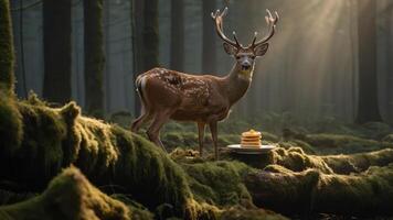 A deer stands in a misty forest beside a plate of pancakes, creating a whimsical scene. photo