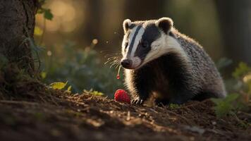 A badger foraging for a raspberry in a serene forest setting. photo