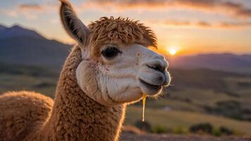 A close-up of a llama with a sunset backdrop, showcasing its unique features and fur. photo