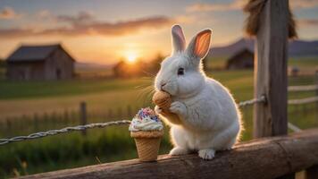 A cute rabbit enjoying an ice cream cone at sunset in a serene rural setting. photo