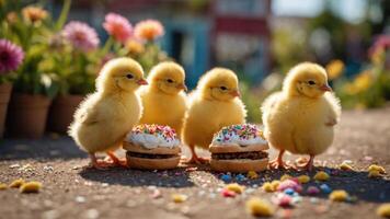 Four fluffy chicks stand near colorful donuts adorned with sprinkles in a vibrant garden setting. photo
