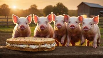 Five playful piglets curiously eye a large ice cream sandwich in a picturesque farm setting. photo