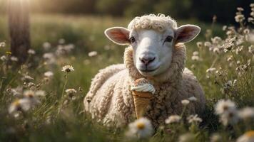 A sheep sitting in a field, playfully holding an ice cream cone. photo