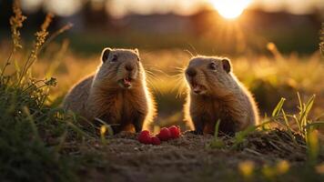 Two small animals enjoying raspberries in a sunlit field at sunset. photo