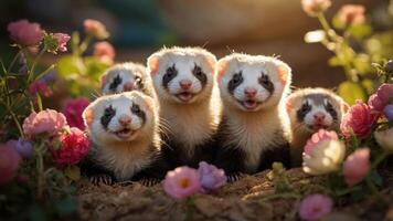 A group of playful ferrets surrounded by colorful flowers in a sunny setting. photo