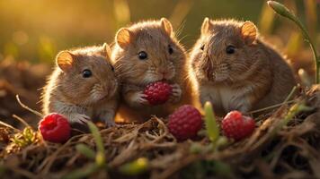 Three adorable hamsters enjoying fresh raspberries in a natural setting. photo