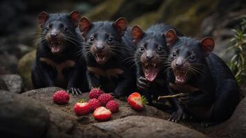 Four Tasmanian devils gather around berries, appearing playful and vocal in a natural setting. photo