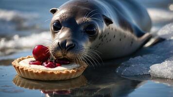 A seal enjoys a cherry pie on an icy surface, blending nature and playful indulgence. photo