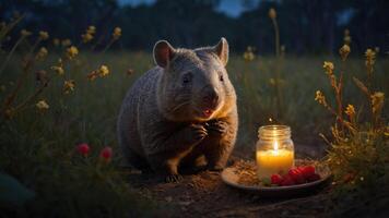 A wombat sits near a candle and a plate of raspberries in a serene, natural setting. photo
