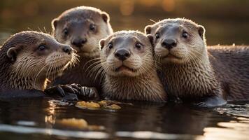 A group of playful otters swimming together in a serene environment. photo