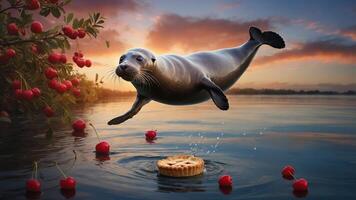 A seal leaps over water towards a pie surrounded by cherry trees at sunset. photo
