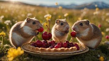 Three hamsters enjoying cherries on a pie in a vibrant field. photo