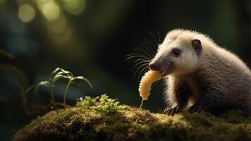 A small animal foraging for food in a lush, green forest setting. photo