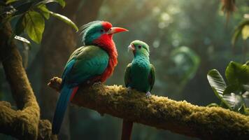 Two colorful birds perched on a mossy branch in a lush, green forest setting. photo