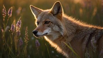 A close-up of a coyote in a field during golden hour, highlighting its features and surroundings. photo