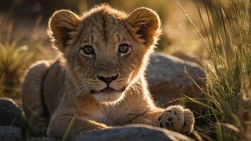 A close-up of a young lion cub resting on rocks in a sunlit grassy area. photo