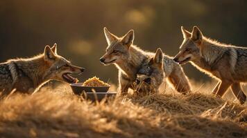 Four coyotes gathered around a bowl of food in a sunlit, grassy environment. photo