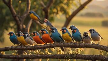 A colorful array of birds perched on a branch in a serene natural setting. photo
