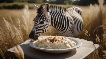 A zebra curiously approaches a large plate of mashed potatoes in a natural setting. photo