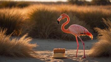 A flamingo stands beside a cake in a natural setting, illuminated by warm sunlight. photo