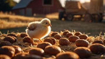 A chick explores a straw-covered area surrounded by round brown objects on a farm. photo