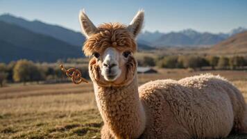 A fluffy llama with a pretzel in its mouth, set against a scenic mountainous landscape. photo