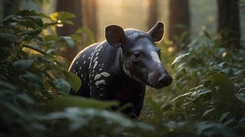 A tapir stands in a lush forest, illuminated by soft sunlight filtering through trees. photo