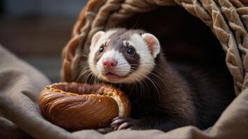 A ferret peeking out from a woven basket, next to a bread roll. photo