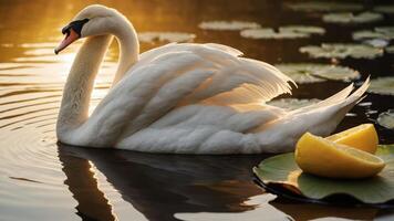 A serene swan glides on water beside a slice of lemon on a lily pad. photo