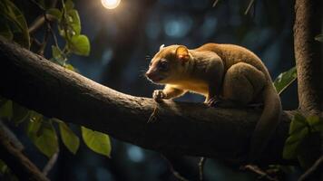 A nocturnal animal perched on a tree branch under a warm light in a forest setting. photo