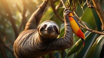 A sloth hanging from a branch, curiously observing a colorful toucan nearby. photo