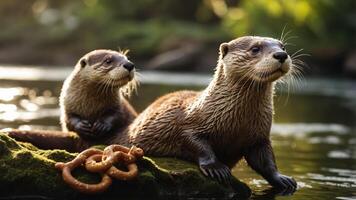 Two otters resting on a rock near water, with a snake nearby, in a serene natural setting. photo