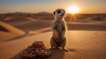 A meerkat stands in the desert beside cookies, with a sunset in the background. photo