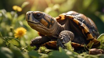 A close-up of a turtle resting on green foliage with sunlight filtering through. photo