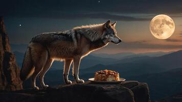 A wolf stands near a cake under a full moon in a serene mountain landscape. photo